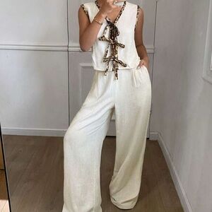 Off white linen set with cheetah trim